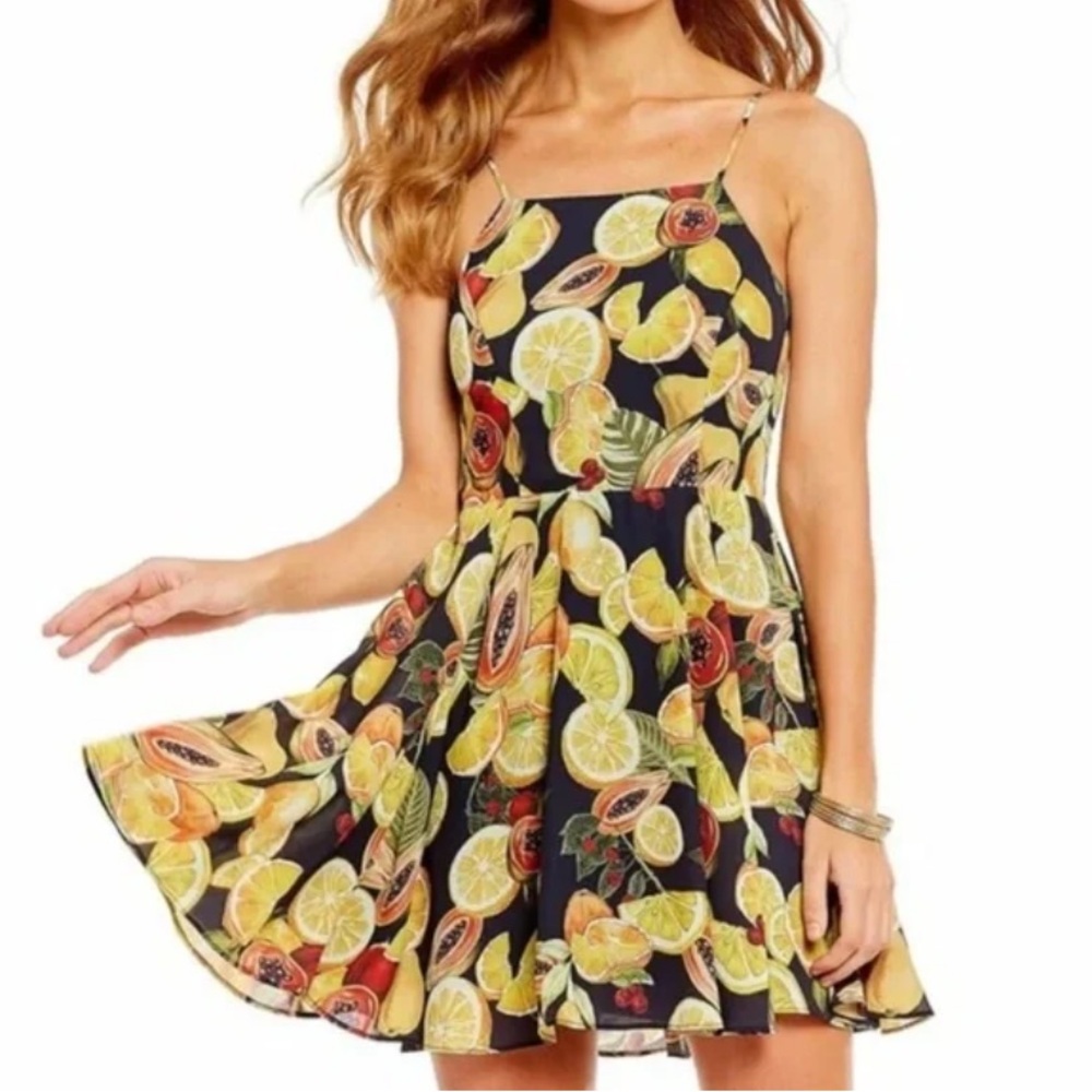 Gianni Bini Black Mini Dress with Yellow Citrus & Red Accents